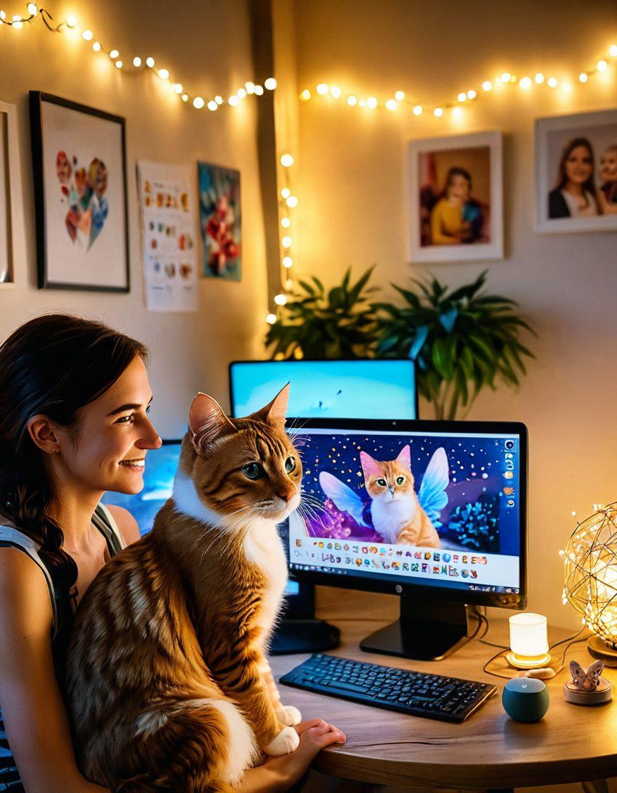 A lively scene showcasing a cozy, modern room with Jess interacting on a vibrant live webcam stream. The computer screen radiates colorful emojis and chat messages, symbolizing virtual engagement. Bright fairy lights and fun decor create a magical atmosphere, while Jess, with an inviting smile, captures the essence of personal connection. Inclusion of a cat playfully resting nearby adds warmth. super-realistic. vibrant colors. cozy atmosphere.