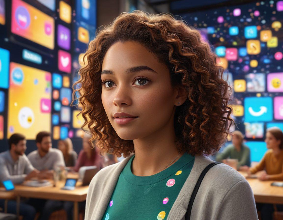 A dynamic scene depicting a young woman named Jess, engaged in various digital interactions through holographic screens, showcasing vibrant emojis and chat bubbles. Surround her with diverse people seemingly in conversation, highlighting real-time connections across devices. The background transitions from a cozy home environment to a bustling city, merging the digital and physical worlds. Use bright colors to emphasize the lively atmosphere of digital engagement. super-realistic. vibrant colors. 3D.