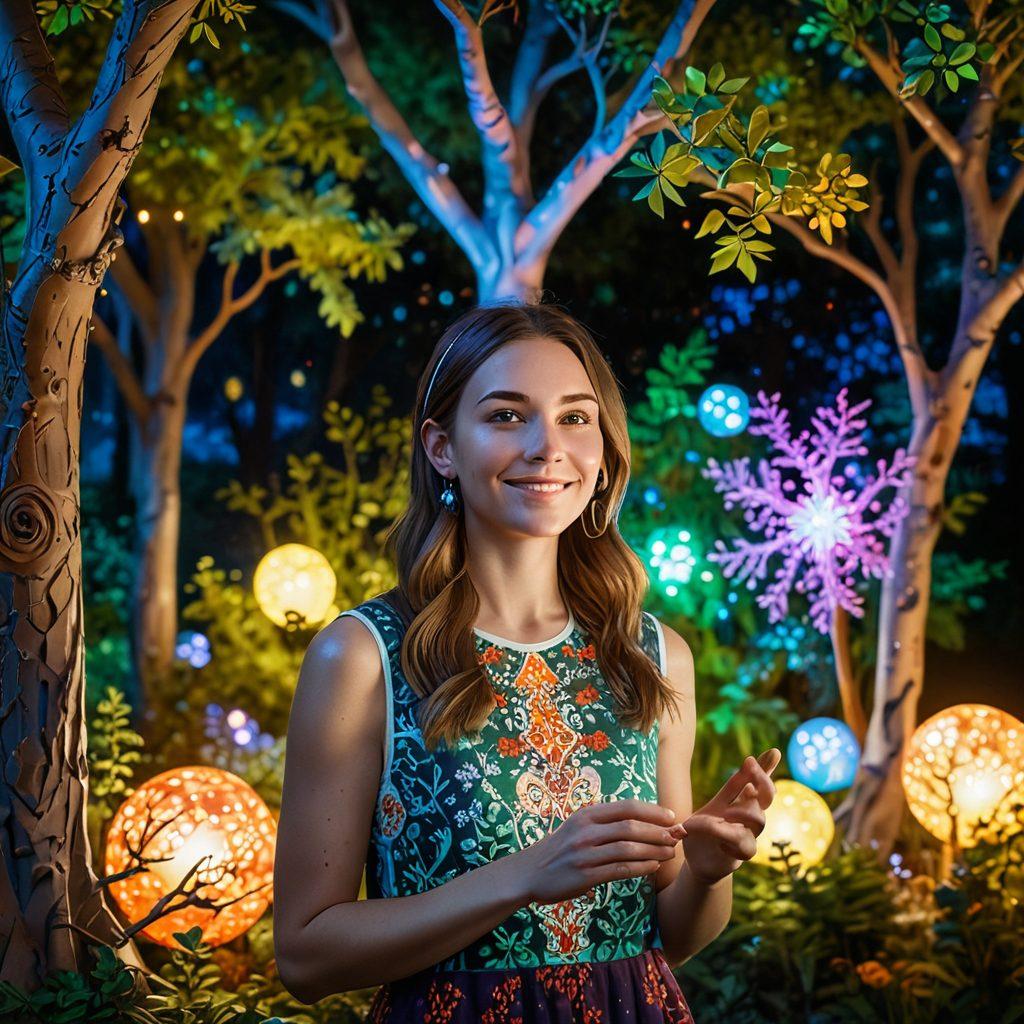 A vibrant scene depicting an adventurous live streaming set-up with Jess at the center, surrounded by enchanting landscapes from her adventures. Include a variety of magical elements like glowing orbs, pixelated creatures, and whimsical trees. Jess is animated and engaging with her audience through a colorful screen, with ethereal lighting and a sense of excitement in the atmosphere. super-realistic. vibrant colors. 3D.